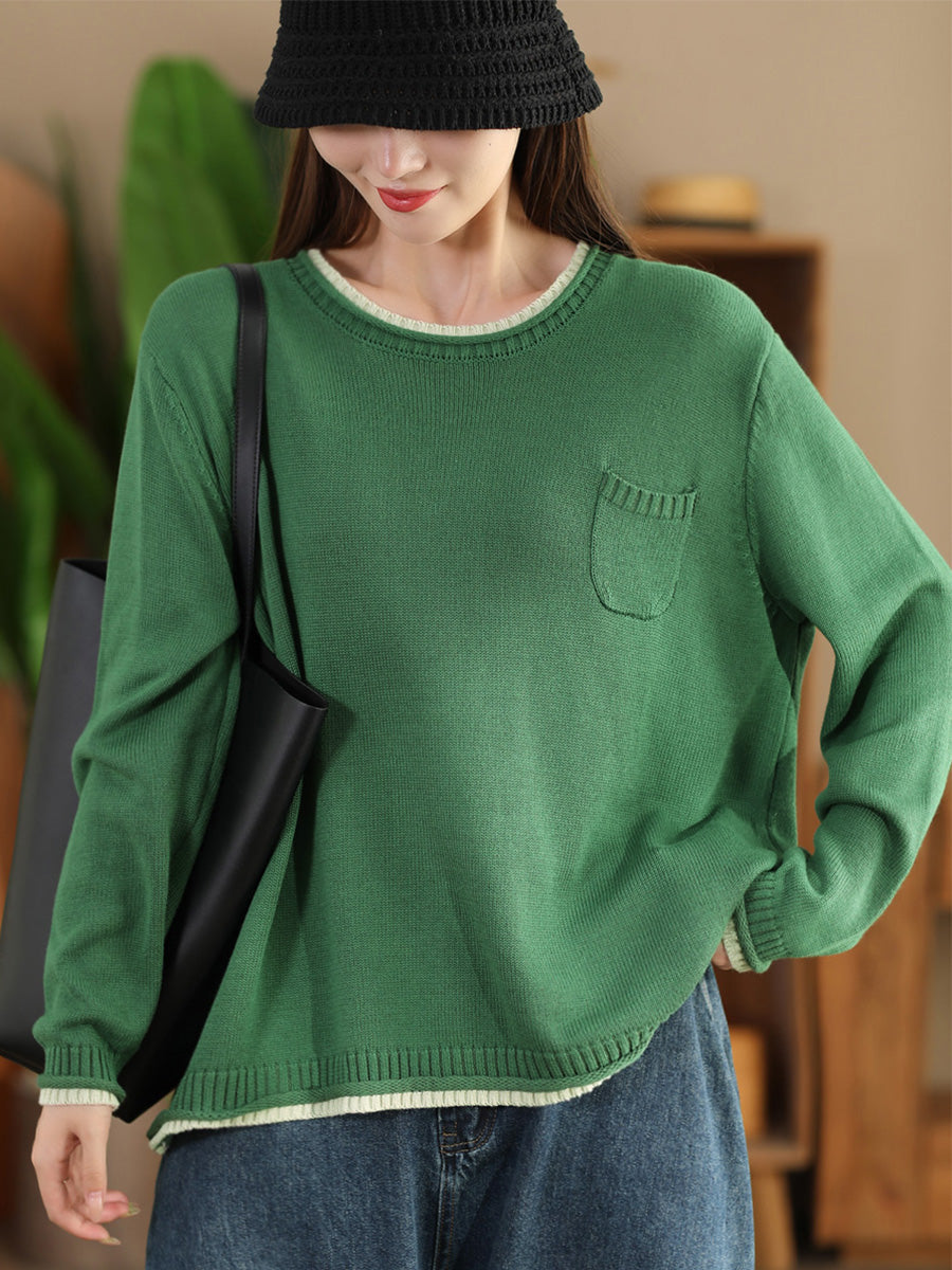 Autumn Colorblock O-neck Cotton Knit Blouse Ai1068