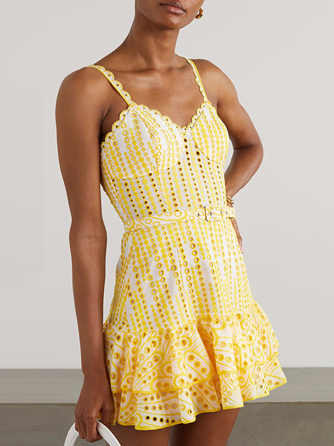 Embroidered Suspender Ruffle Mini Dress