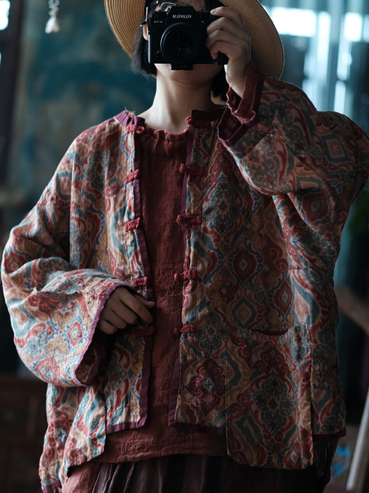 Spring Colorblock Flower Ramie Shirt Coat Kl1035