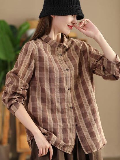 Autumn Plaid Button-up Linen Blouse At1038