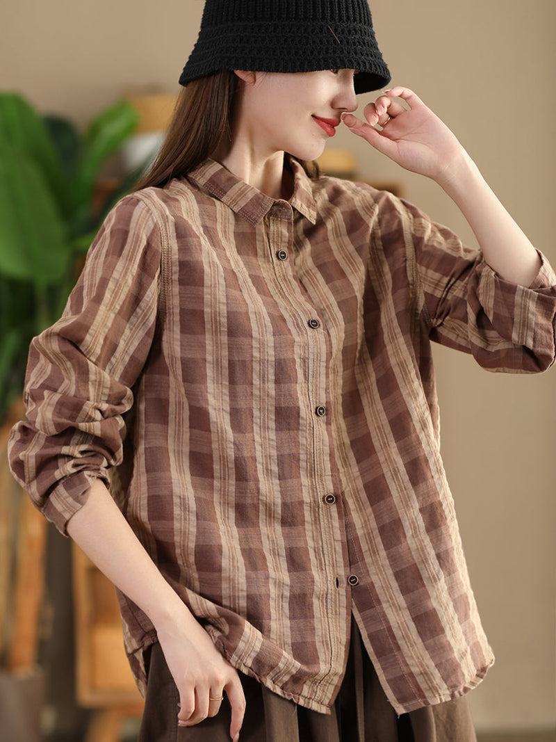 Autumn Plaid Button-up Linen Blouse At1038