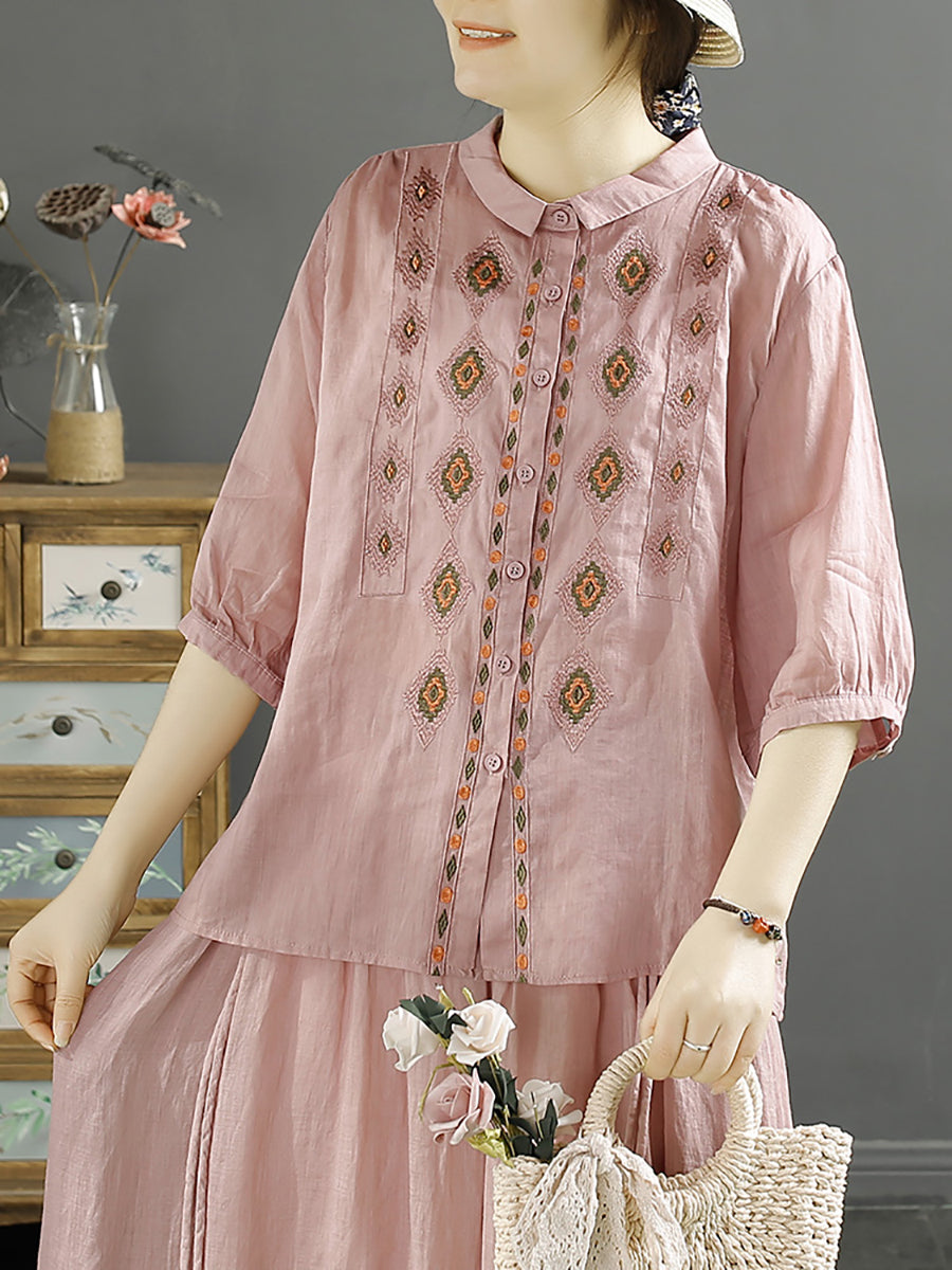 Rhomboids Embroidery Ramie Button Up Blouse Kl1031