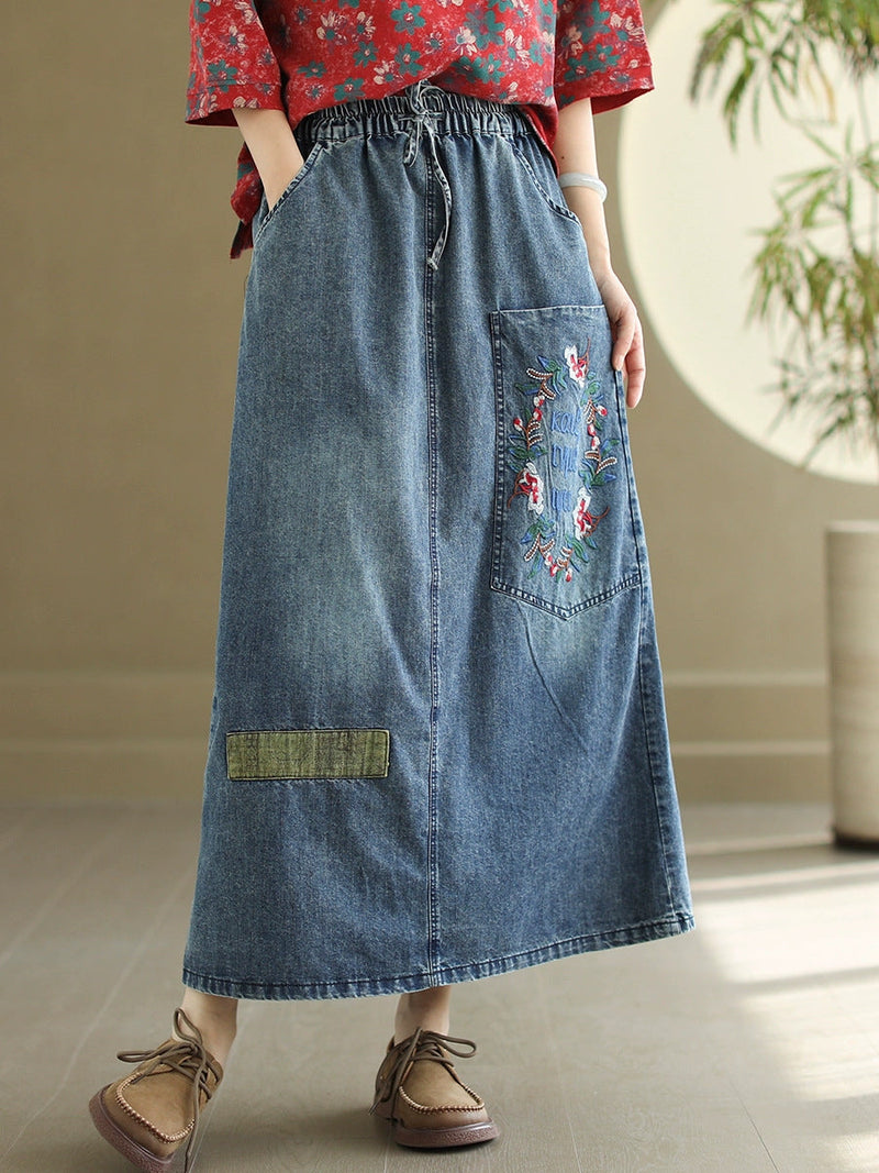 Artsy Flower Embroidery Denim Skirt Co1053