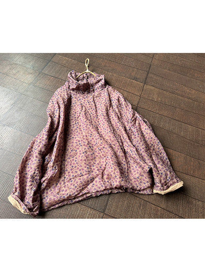 Autumn Artsy Turtleneck Ramie Blouse Qu032