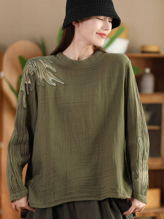 Autumn Artsy Embroidery Stand Collar Cotton Blouse Ai1076