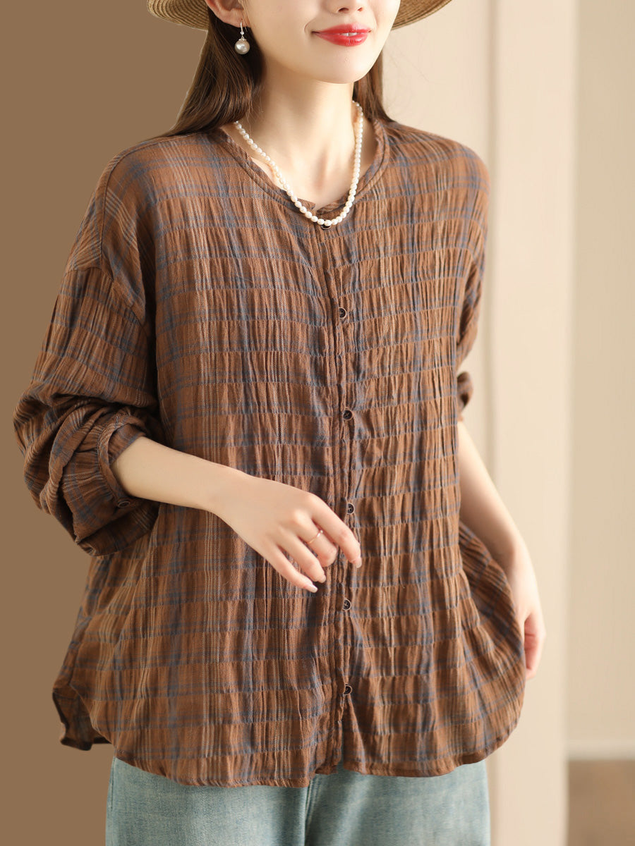 Spring Plaid Ramie Button Up Blouse Co1044