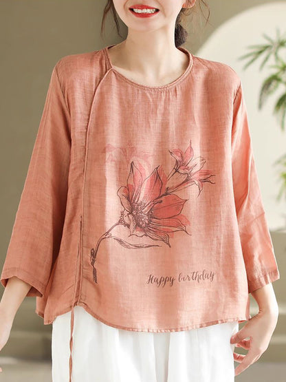 Spring Flower Strap Ramie Blouse Kl1039