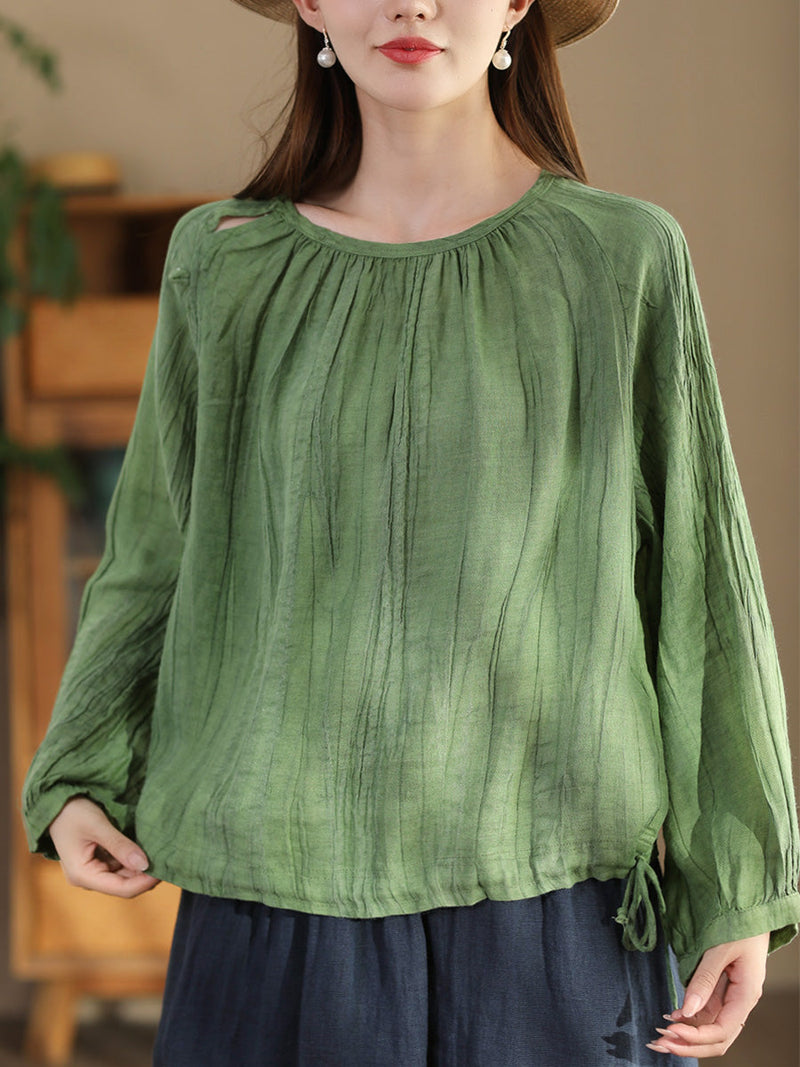 Summer Artsy Strap Hem O-neck Ramie Blouse As1026