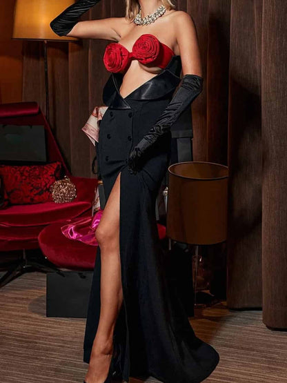 Flower Strapless Slim Fit Double-breasted Fishtail Hem Gowns Maxi Dress