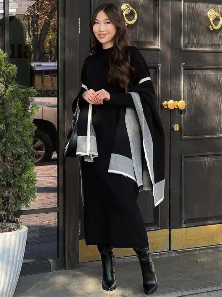 Knit 2 Piece-set Maxi Dress for Loose Patchwork Contrast Shawl Slim Knitwear Dress Outfits