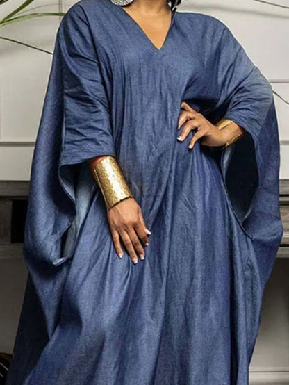 Batwing Sleeves Loose Color Split-joint V-neck Maxi Dresses