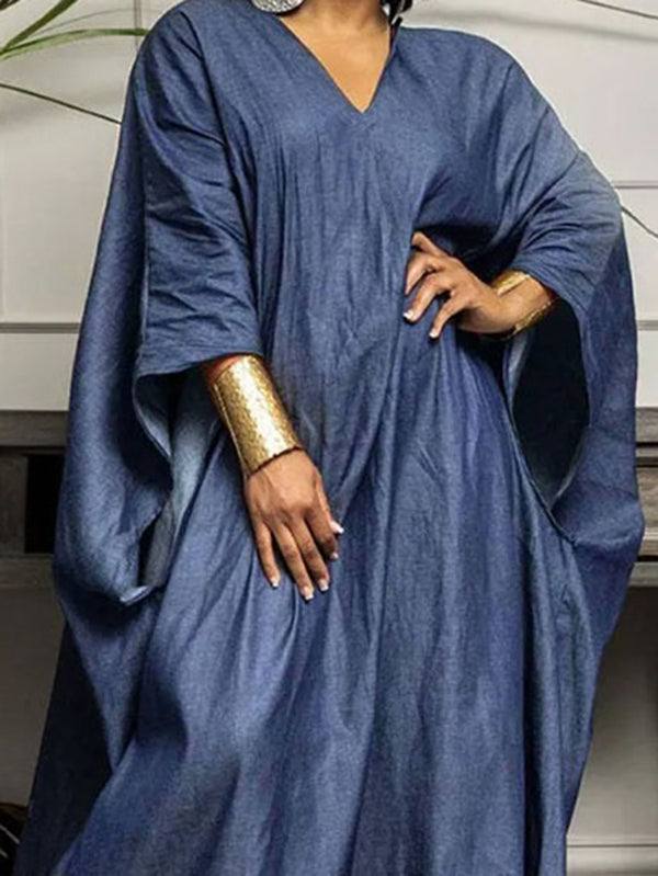 Batwing Sleeves Loose Color Split-joint V-neck Maxi Dresses