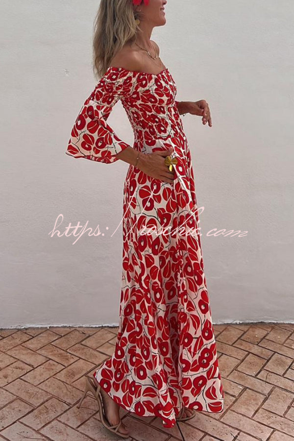 Close to the Vacation Print Smocked Off Shoulder Pocketed Maxi Dress