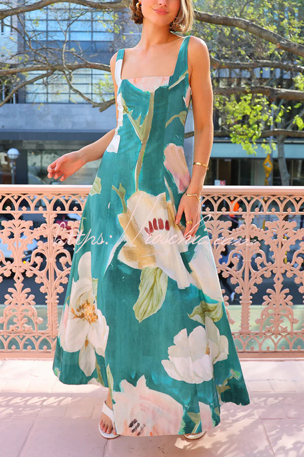 Print Sleeveless Square Neck Big Hem Maxi Dress