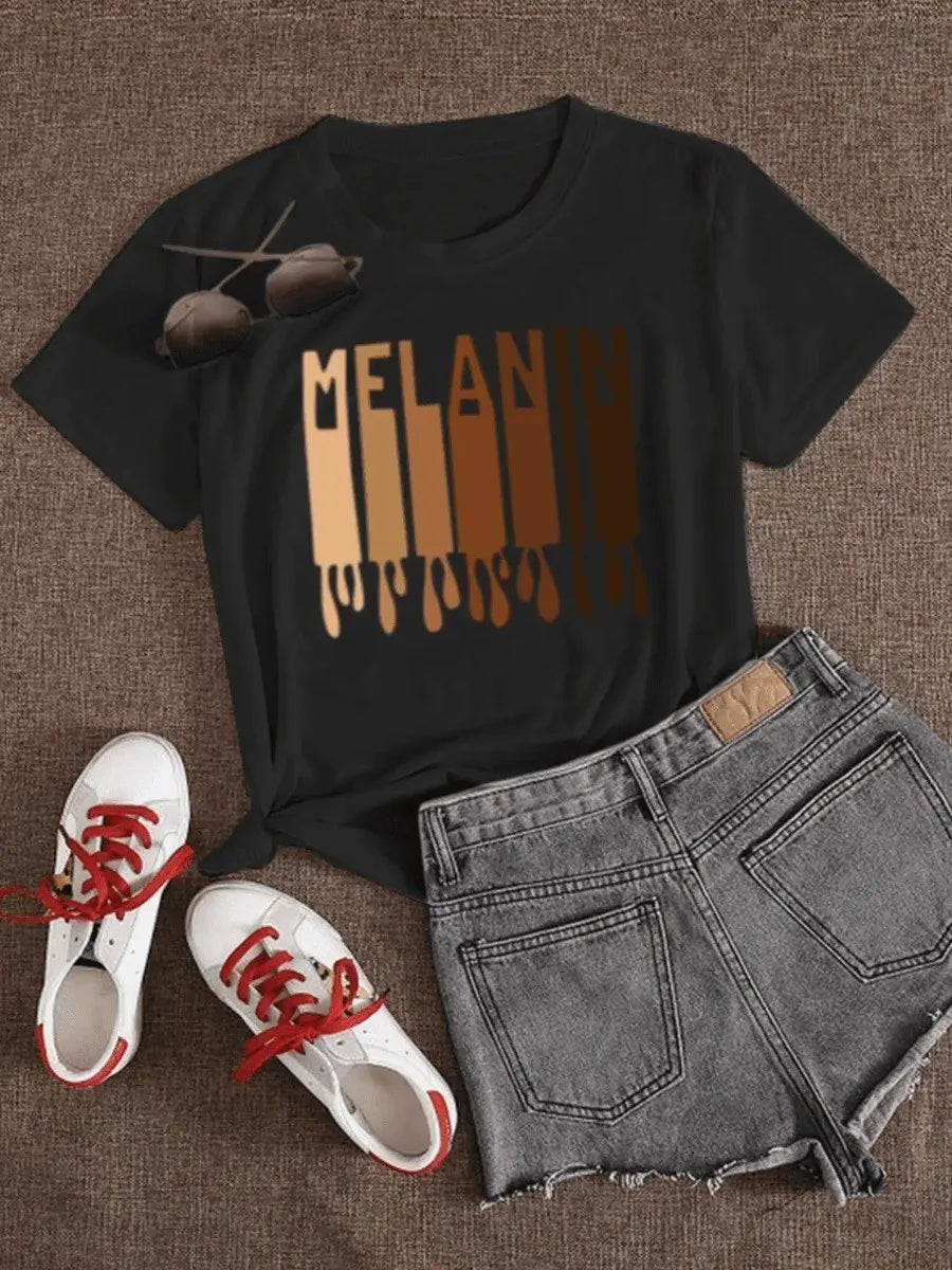 Woman Clothes Summer Round Neck Short Sleeve Melanin Letter Print T-shirt