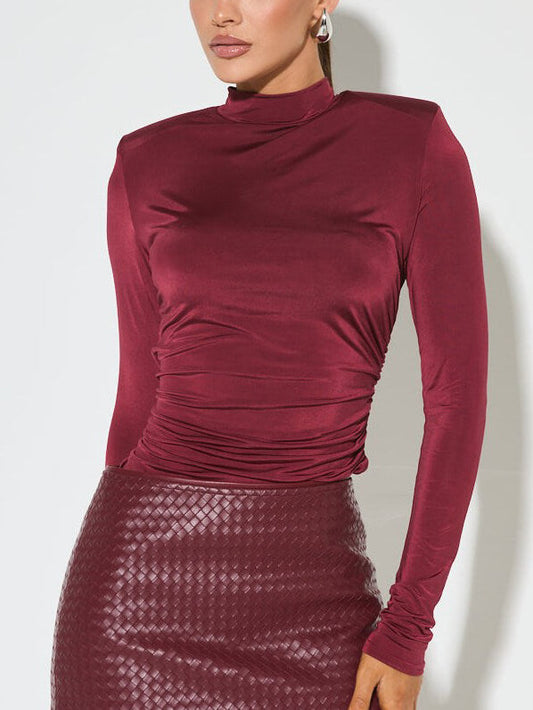High Neck Pleated Long Sleeve T-shirt