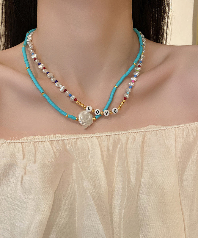 Blue Alloy Acrylic Pearl Bilayer Beading Gratuated Bead Necklace