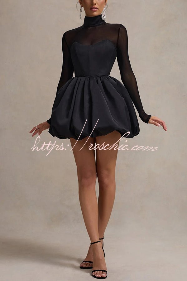 Mesh High Neck Long Sleeve Puff Hem Slim Mini Dress