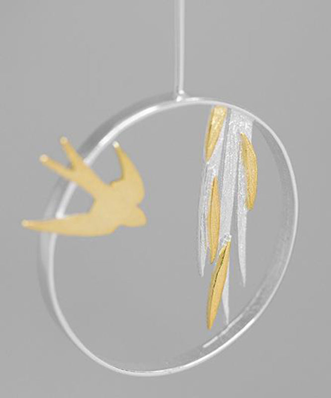 Unique Silk Sterling Silver Little Bird Leaf Drop Earrings