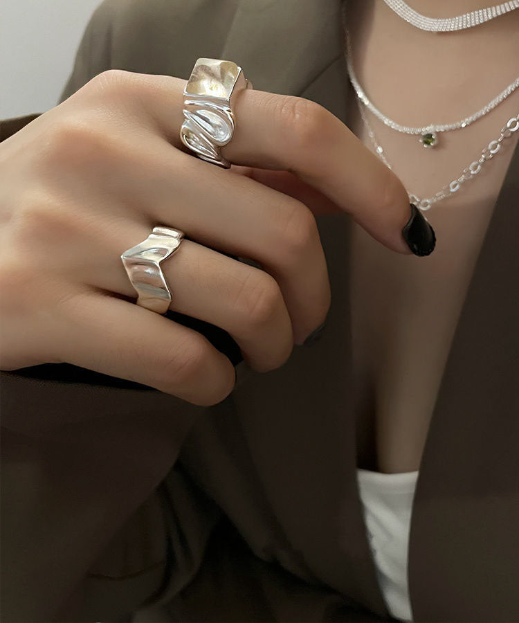 New Silk Sterling Silver Wrapped Silk Candy and Wrinkled Edges and Corners Rings Two Piece Set