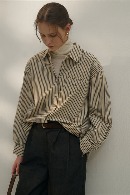Color Block Stripe Collar Cotton Blouse