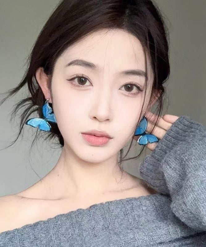 Blue Copper Alloy Pearl Butterfly Drop Earrings