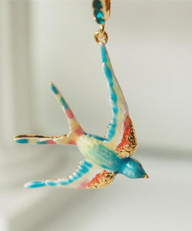 Rainbow Copper Alloy Enamel Gem Stone Swallow Drop Earrings