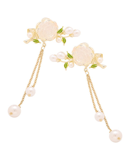 Classy White Alloy Pearl Colored Glaze Camellia Tassel Hairpin