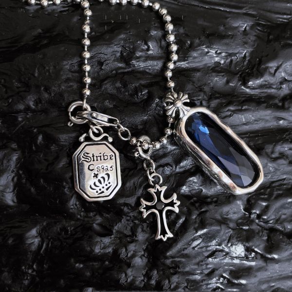 Sterling Silver Blue Round Bead Cross Pendant Necklace