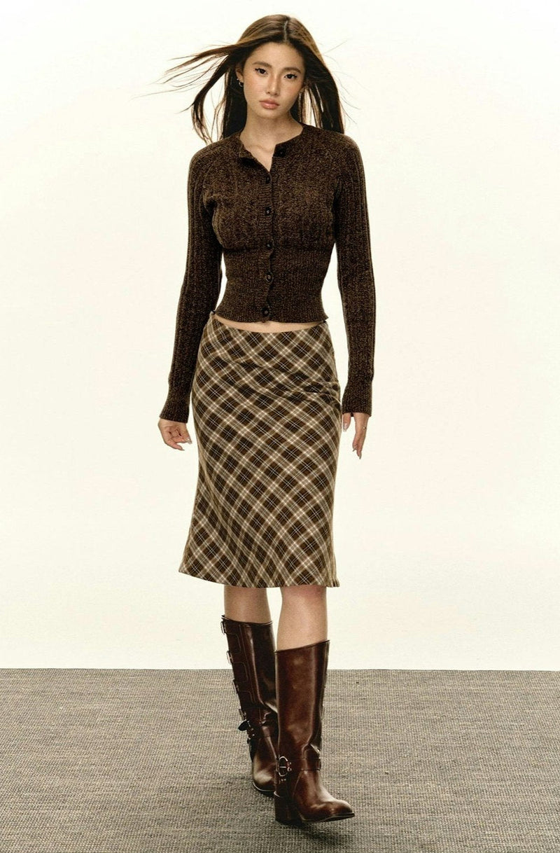 Brown Fitted Ribbed Button Cardigan