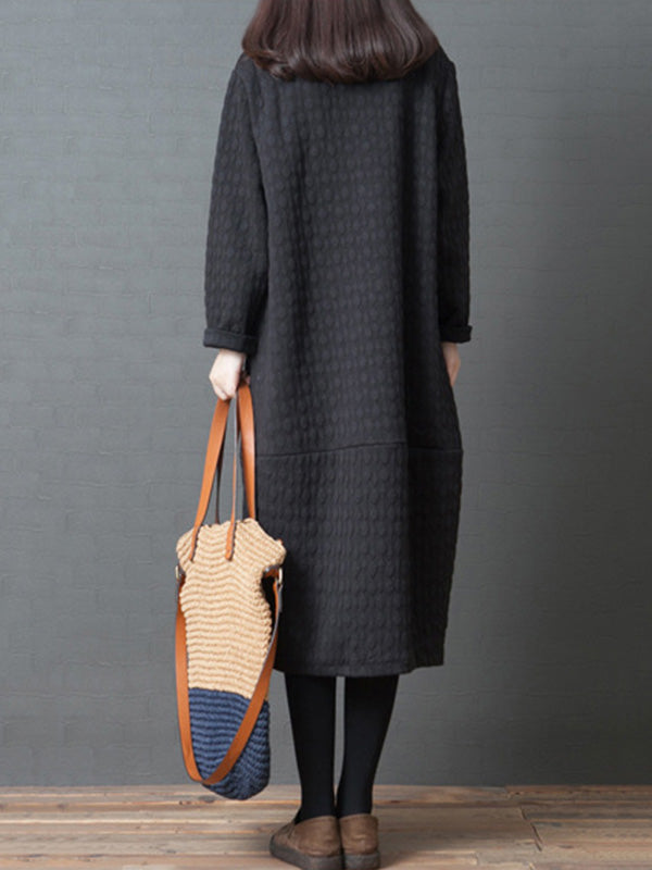 Loose Color Split-joint With Pocket Round-neck Long Sleeves Midi Dress
