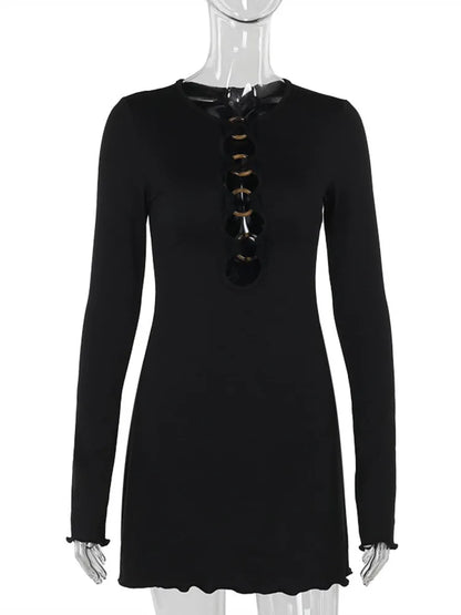 Hollow Out Long Sleeve Mini Dress for Robe Autumn New Black O Neck Club Party Dress Clubwear