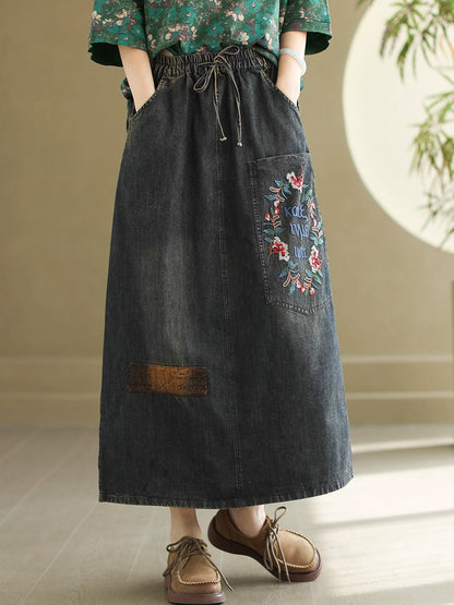 Artsy Flower Embroidery Denim Skirt Co1053