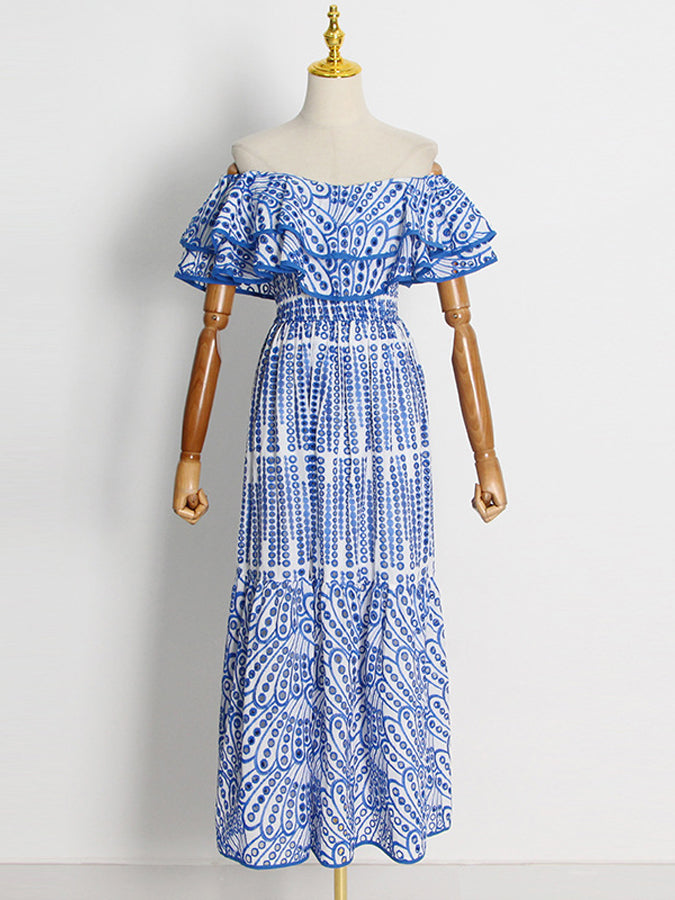 Off Shoulder Ruffled Embroidered Long Dresses