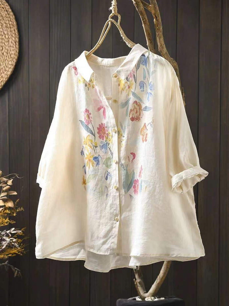 Artsy Summer Flower Print Ramie Blouse Kl1041