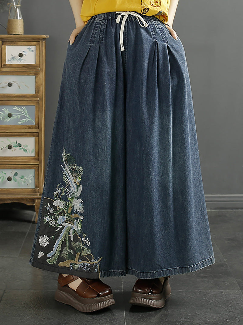 Embroidery Wide-leg Denim Pants Co1052