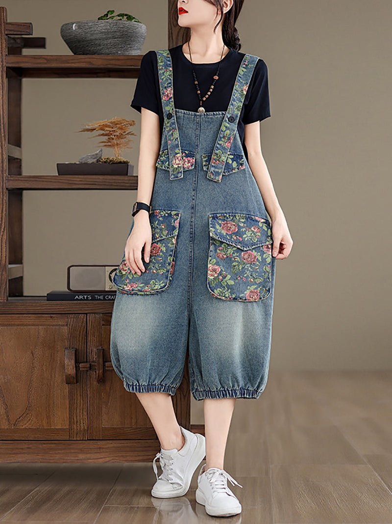 Summer Retro Flower Spliced Denim Jumpsuits Bn1030