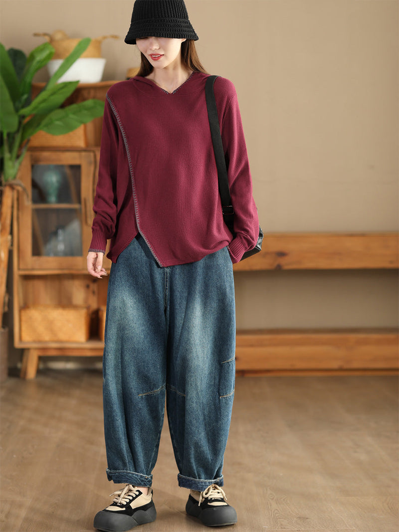 Autumn Split Hem Knit Hooded Blouse Ai1066
