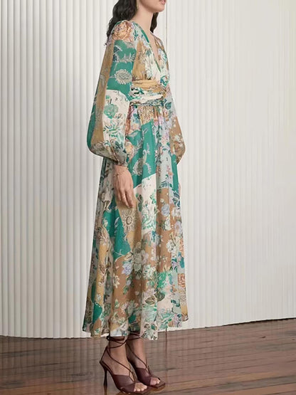 Hand-painted Printed V-neck Waist Midi Dress