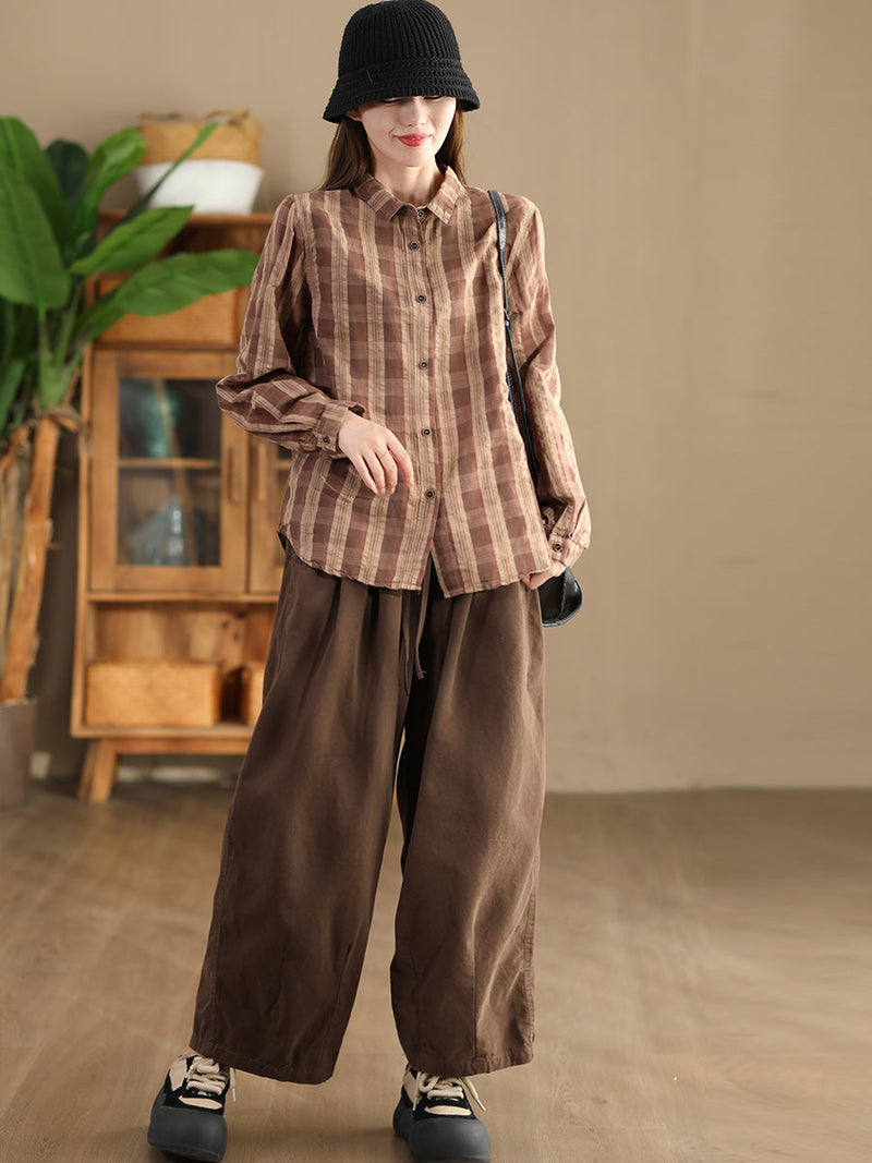 Autumn Plaid Button-up Linen Blouse At1038