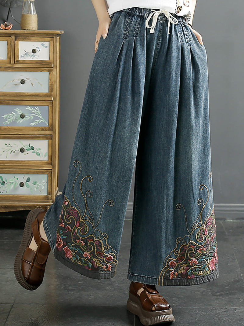 Summer Embroidery Wide-leg Denim Pants Kl1007