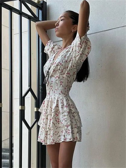 V-neck Printed Bandage Mini Dress for Short Sleeve Slim Summer High Waist Lace-up Dress Party Dress New