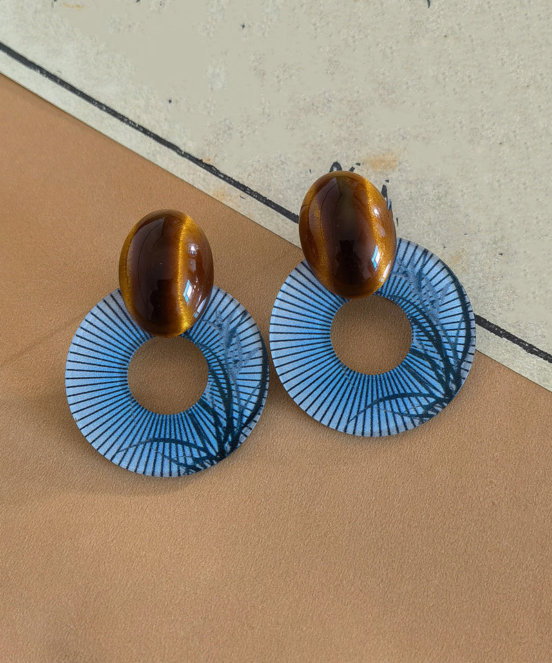 Chinese Style Blue Alloy Acrylic Amber Hoop Earrings