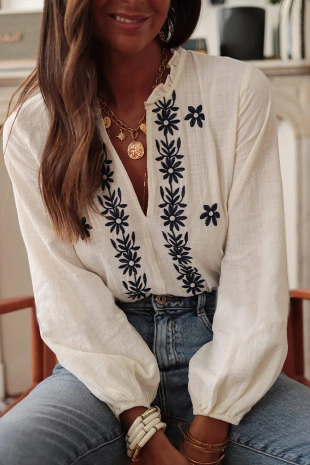 White Embroidered Frill V Neck Puff Sleeve Blouse