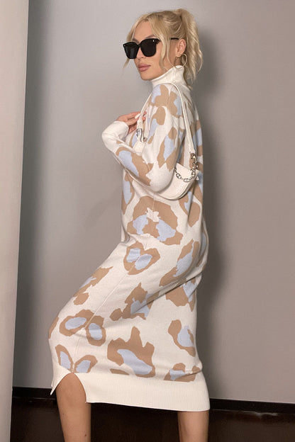 Leopard Turtleneck Sweater Maxi Dress
