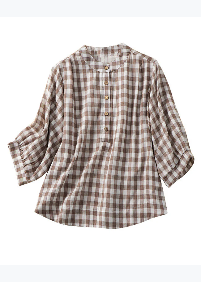 Grace Blue Plaid Stand Collar Cotton Blouses Bracelet Sleeve Qr023