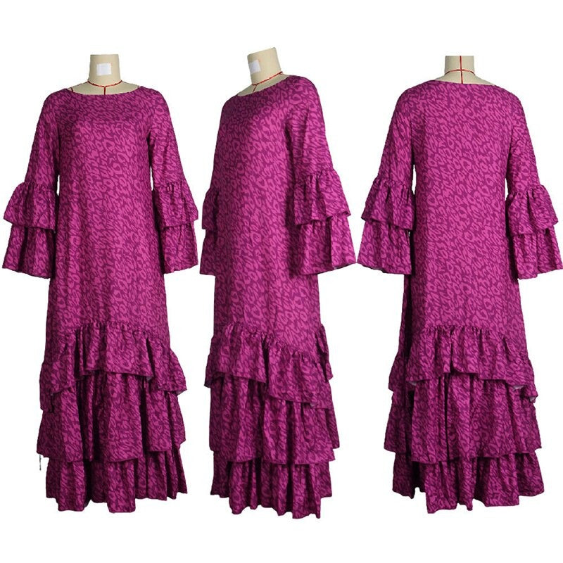 Flared Sleeves Loose Falbala Color Round-neck Maxi Dresses