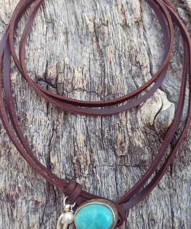 Brown Leather Turquoise Pearl Necklace