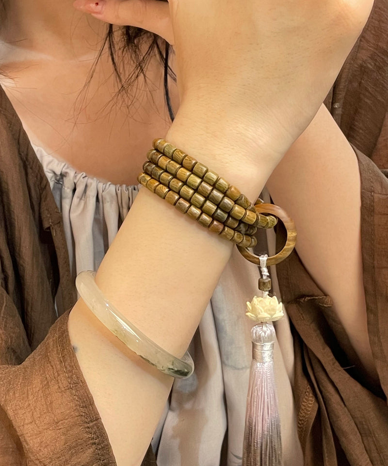 Retro Green Barrel Bead Lotus Tassel Bracelet
