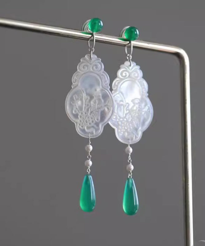 Green Copper Jade Flowers and Birds Water Droplet Drop Earrings